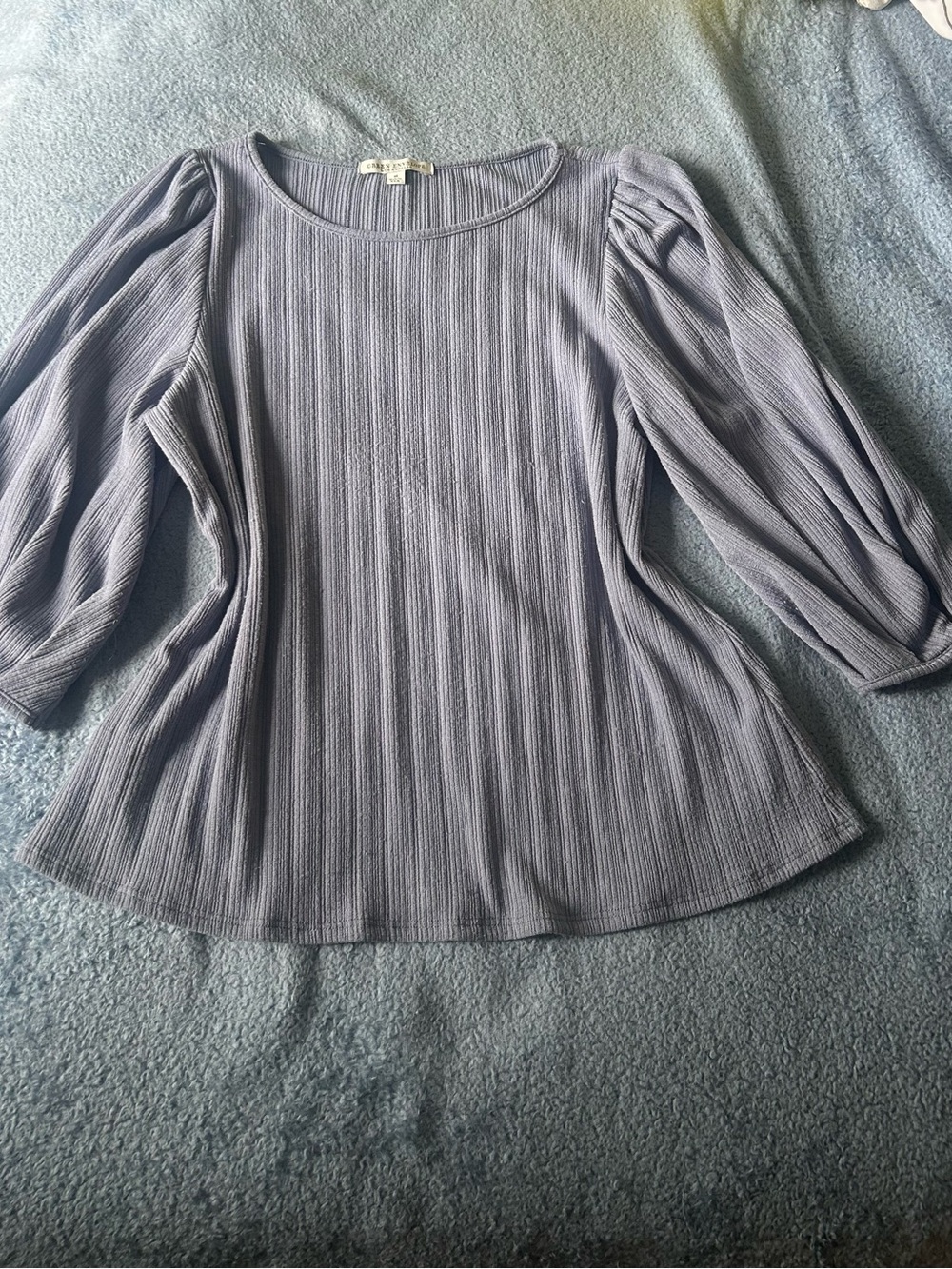 Green Envelope Ribbed Puff-Sleeve Long Sleeve Top in Light Lavender